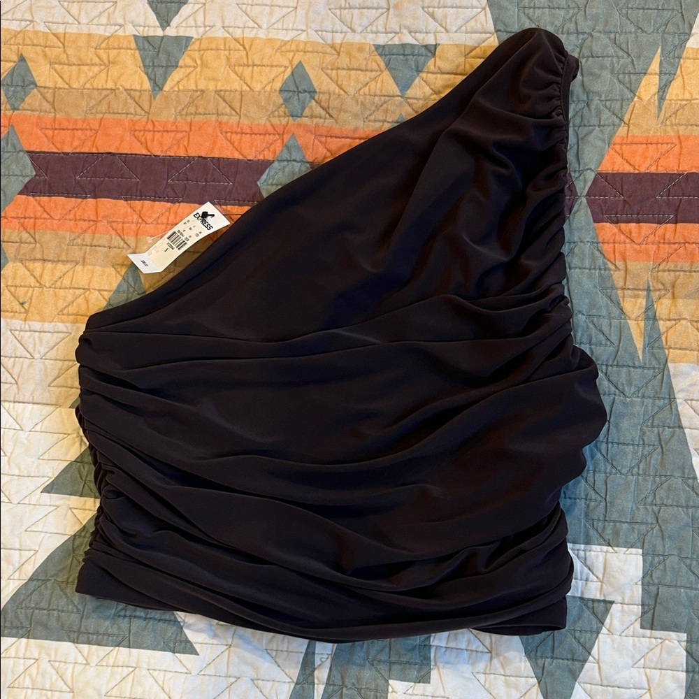 Express Brown One-Shoulder Ruched Crop Top